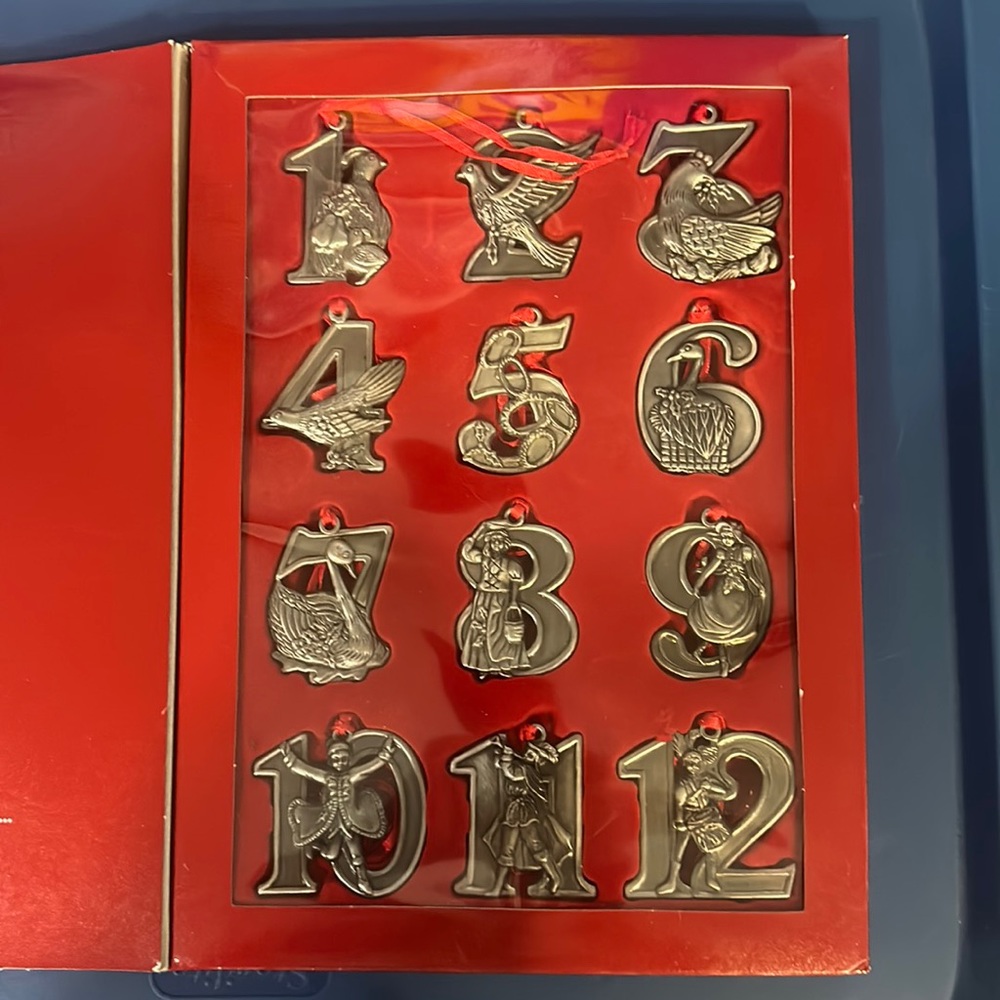 COPY - Vintage metal 12 Days Christmas ornament set.
